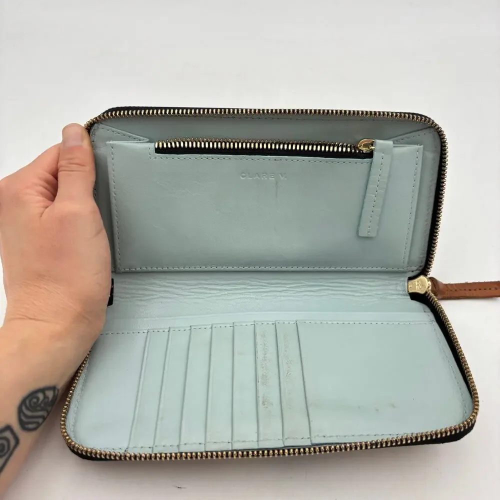 Clare V. Continental Printed Stripe Wallet Leather Tan Initial Logo Minimalist